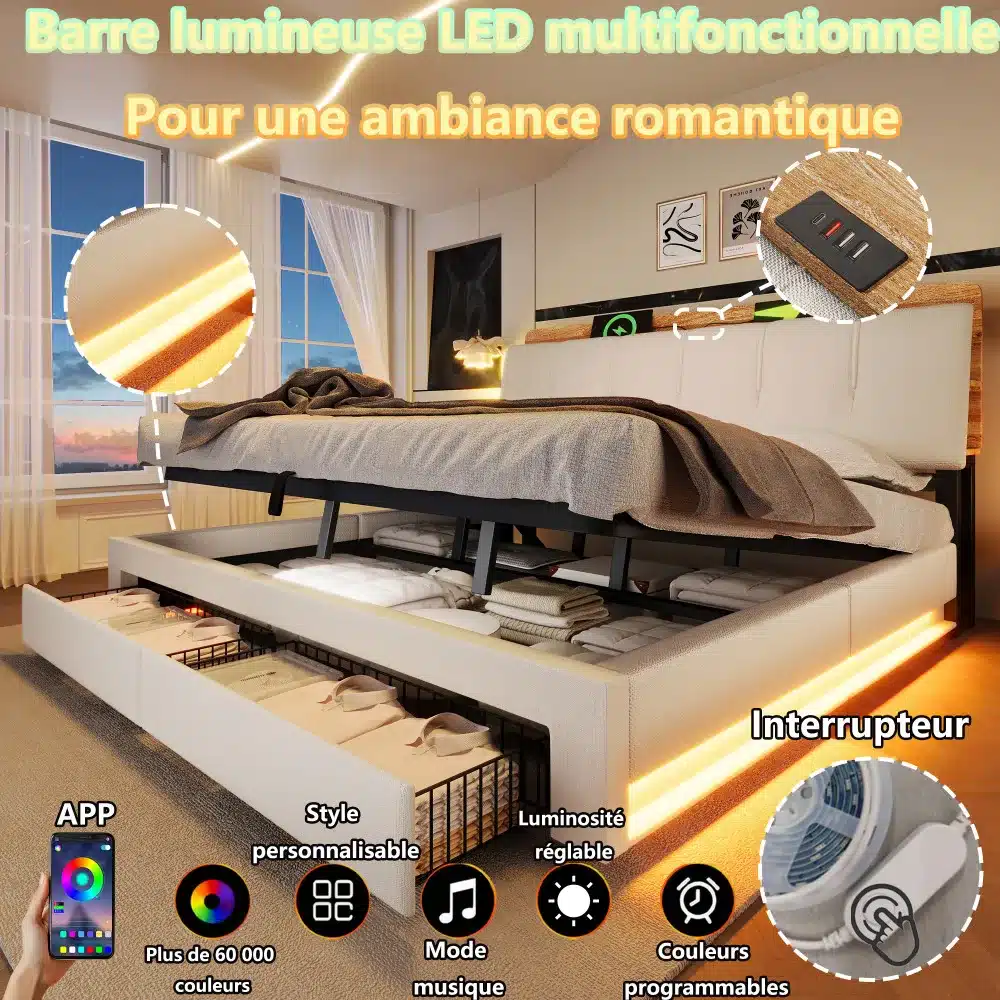 Voodi panipaigaga, USB-C ja LED valgustus, 180x200, moderne disain valges toonis; avatud panipaigad koos voodipesuga, LED valgus peatoe all ja küljel, elegantne magamistuba päevavalguses.