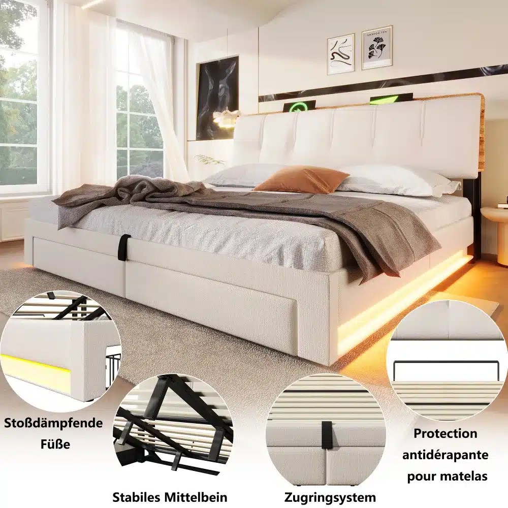 Elegantne voodi panipaigaga, USB-C ja LED valgustus, 180x200, asetseb valgusküllases magamistoas. Voodi on valmistatud heledast kangast, sellel on polsterdatud peats ning mitmekülgsed panipaigad alusraamil. Taustal on suured aknad ja kaasaegsed kaunistused.