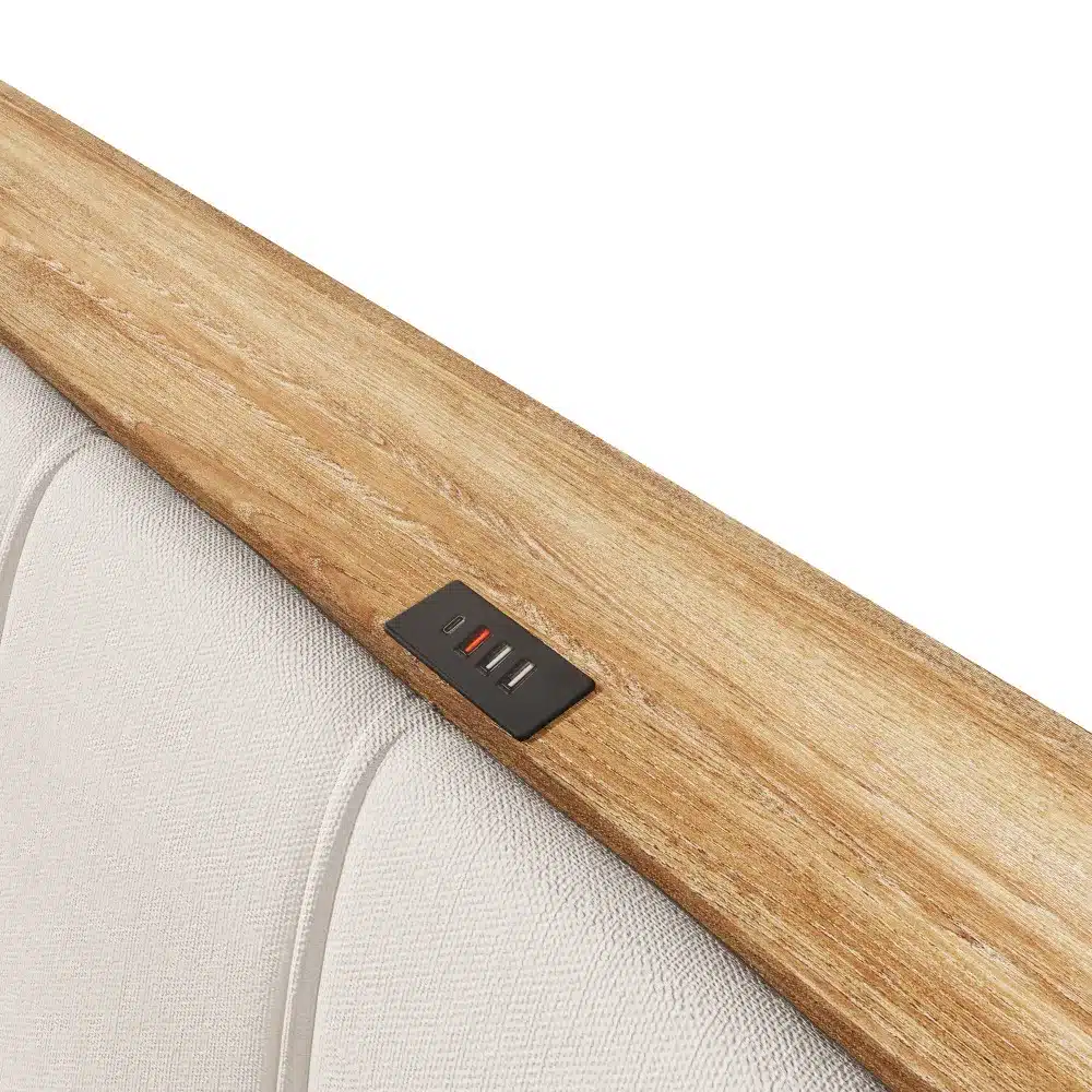 Voodi panipaigaga, USB-C ja LED valgustus, 180x200, millel on detailne vaade puidust peatsile ja integreeritud USB-C portidele.