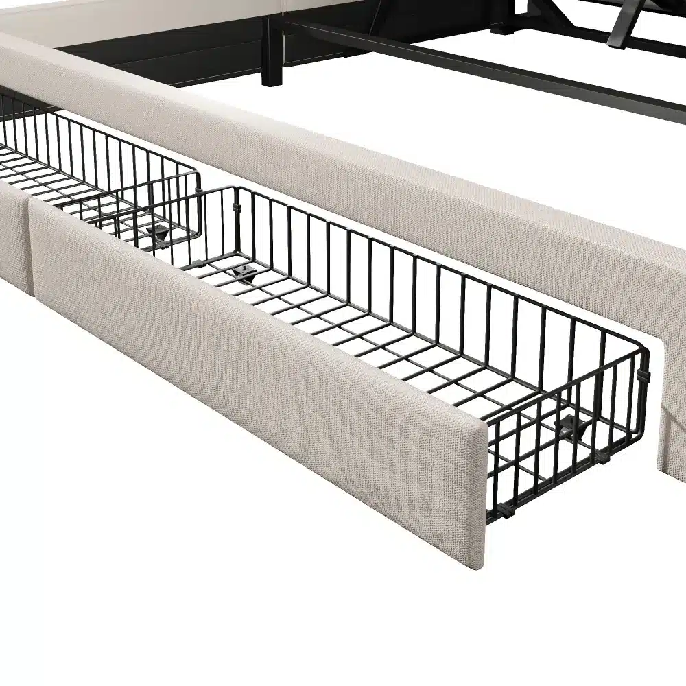 Voodi panipaigaga, USB-C ja LED valgustus, 180x200, millel on must metallist korvkäepide ja beeži kangaga raam.