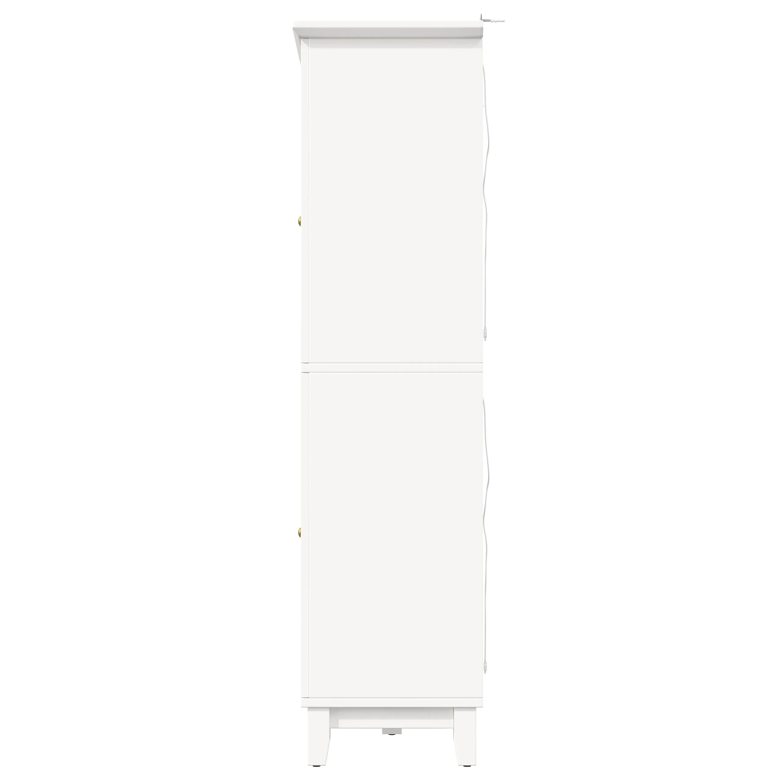 Valge Veinikapp LED-valgustusega, rakendusega juhitav. Kitsas ja elegantne kapp valgel taustal, mis paistab silma oma minimalistliku ja kaasaegse disainiga.