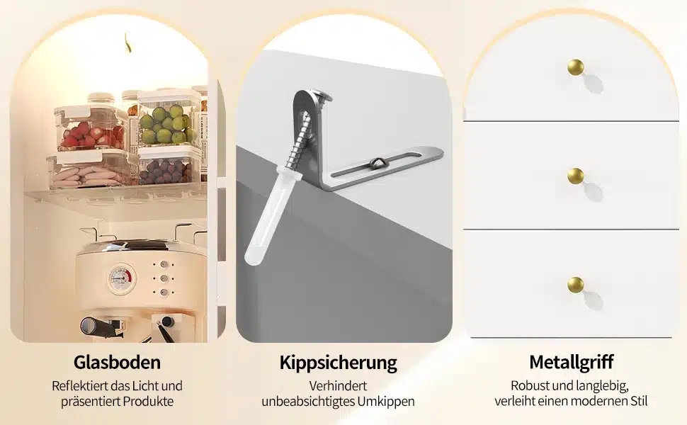 Veinikapi klaasist riiul, vahelukk ja kuldsed metallist sahtli nupud valgusküllases ruumis.