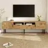 TV-alus puidumustriga, metalljalgadega, 2 ust, 2 sahtlit | E-pood Tootemaailm TV-alus puidumustriga, metalljalgadega, kahe ukse ja kahe sahtliga, asetatud puidust põrandale valgusküllases ruumis, minimalistliku taustaga.