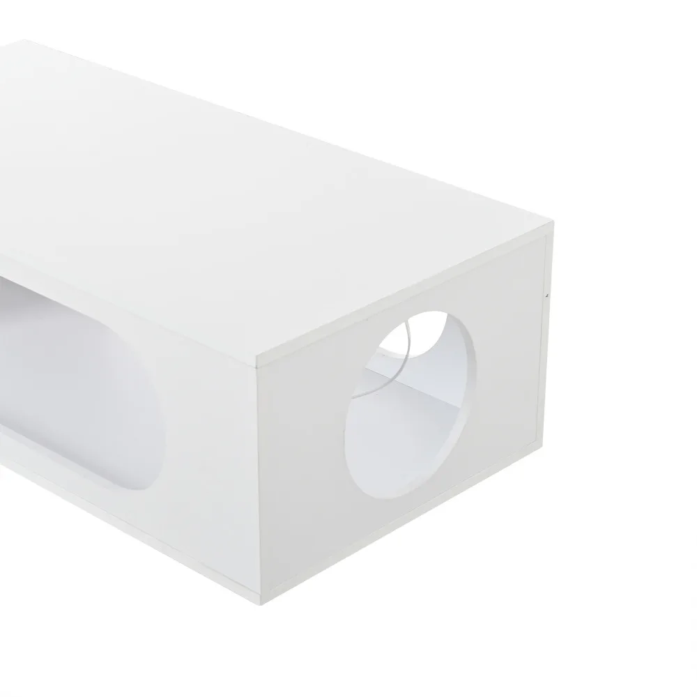 Valge kõrgläikega diivanilaud LED valgustusega ja suurte panipaikadega, mida iseloomustavad kaasaegsed ümarad avad ja minimalistlik disain.