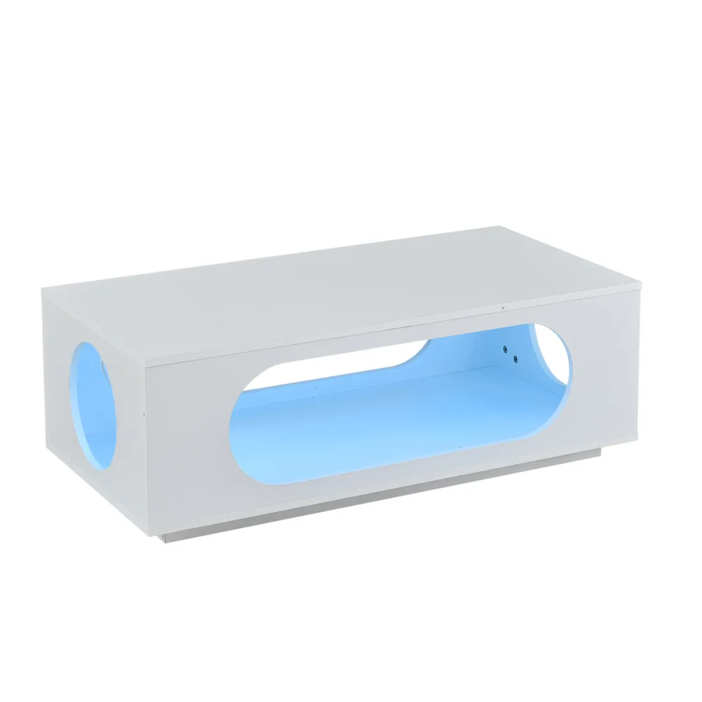 Valge diivanilaud LED valgustusega, kõrgläikega viimistlus ja suur panipaik, mille sees on sinine LED valgus, valgel taustal.