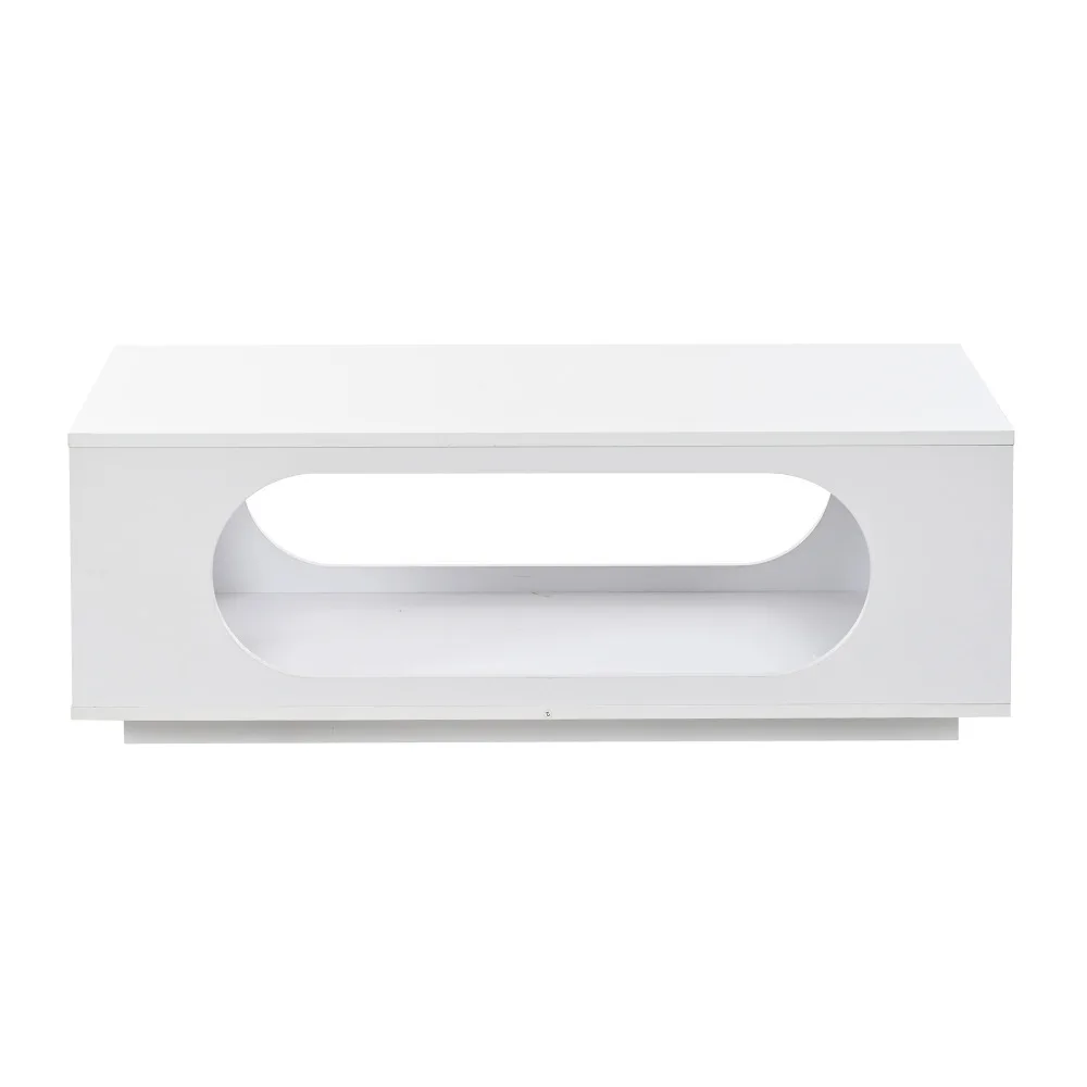 Diivanilaud LED valgustusega, kõrgläige ja suur panipaik, valges toonis minimalistlik disain, avatud riiuliga taustalahendusel.