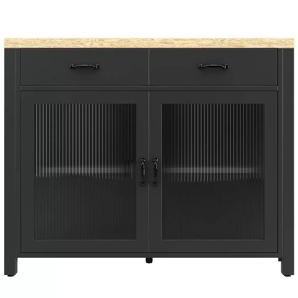 Köögilaud kapi, LED-valgusega, puidu imitatsioon, musta metallraamiga ja kahe tumeda klaasiga uksega. Lauaplaat puidu imitatsiooniga, asetatud valgel taustal.