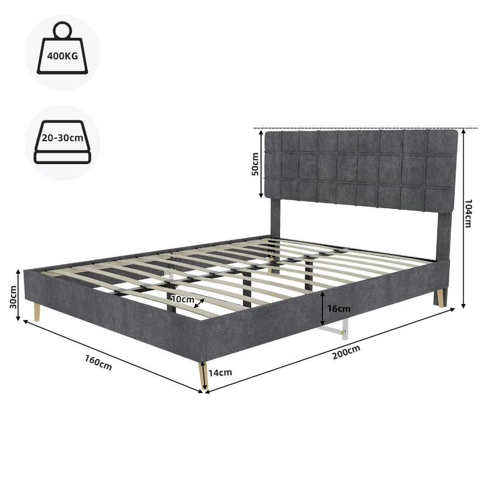 Pehme kaheinimesevoodi, 160x200 cm, halli värvi kangaskattega ning elegantse kõrge peatsiga. Voodi koosneb tugevast puidust raamistikust ja kuldsete jalgadega, sobitades stiili ja vastupidavuse.