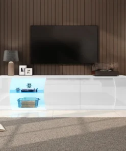 Stiilne TV-alus LED-valgustusega, valmistatud karastatud klaasist, mõõtmetega 180 cm. Alusel on modernne disain, valge viimistlusega ja sinise LED-valgustusega avatud riiulid, sobides suurepäraselt kaasaegsesse elutuppa.