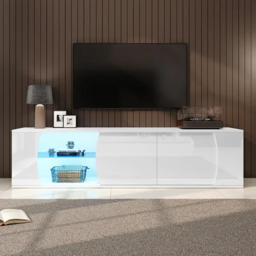 TV-alus LED-valgustusega, karastatud klaas, 180 cm | E-pood Tootemaailm Stiilne TV-alus LED-valgustusega, valmistatud karastatud klaasist, mõõtmetega 180 cm. Alusel on modernne disain, valge viimistlusega ja sinise LED-valgustusega avatud riiulid, sobides suurepäraselt kaasaegsesse elutuppa.