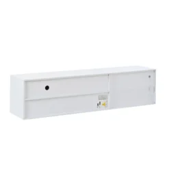 Valge TV-alus LED-valgustusega, valmistatud karastatud klaasist, 180 cm pikk, vertikaalne vaade minimalistlikule ja stiilsele disainile.