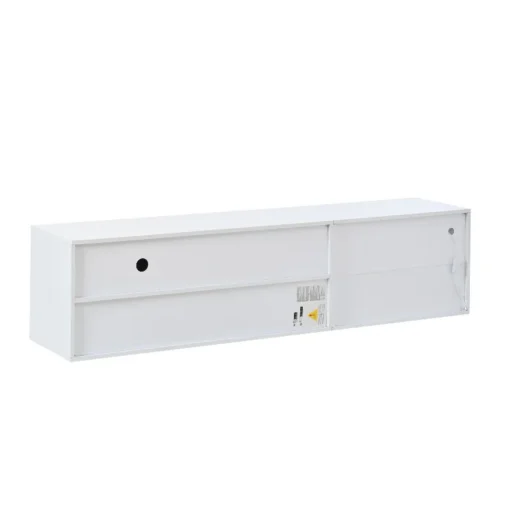 TV-alus LED-valgustusega, karastatud klaas, 180 cm | E-pood Tootemaailm Valge TV-alus LED-valgustusega, valmistatud karastatud klaasist, 180 cm pikk, vertikaalne vaade minimalistlikule ja stiilsele disainile.