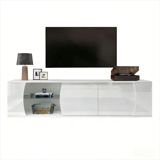 TV-alus LED-valgustusega, karastatud klaas, 180 cm | E-pood Tootemaailm Elegantne TV-alus LED-valgustusega, karastatud klaasist riiul ja kõrgläikega valge viimistlus, millel on 180 cm pikkus. Alusel on kaasaegne disain, sobib ideaalselt elutoa keskmeks, kõrval laualamp ja raamitud fotod.