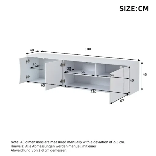 TV-alus LED-valgustusega, karastatud klaas, 180 cm | E-pood Tootemaailm Valge TV-alus LED-valgustusega, 180 cm pikk, karastatud klaasist valmistatud, kahe avatud ukse ja erinevate riiulitega.