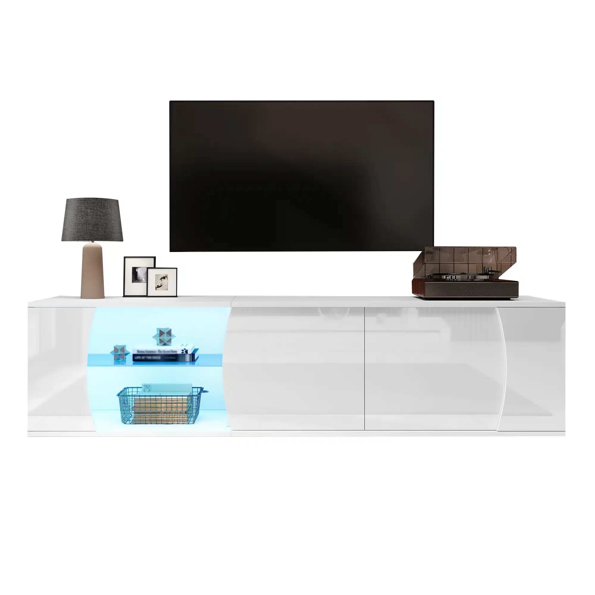 Stiilne TV-alus LED-valgustusega, karastatud klaasist detailid ja 180 cm pikk, asetatud elutuppa koos kaasaegse dekoratsiooniga, nagu lamp ja raamitud pildid.