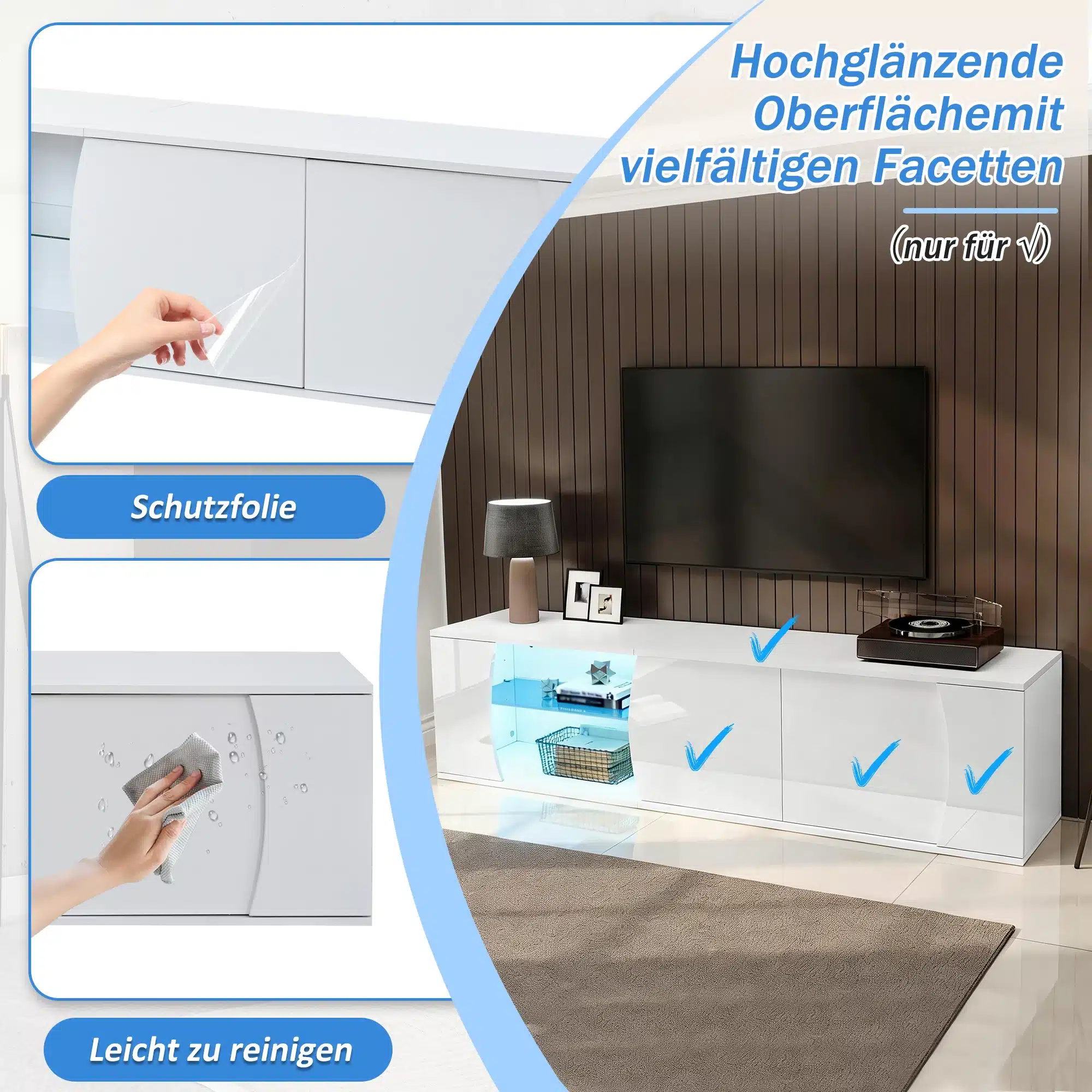 Valge, modernne TV-alus LED-valgustusega, karastatud klaasiga ja 180 cm pikkune, mis asetseb stiilses elutoas. Alus on läikiv ning kergesti puhastatav. Pildil on esitatud kaitsekile eemaldamine ja pinnapealne puhastamine.