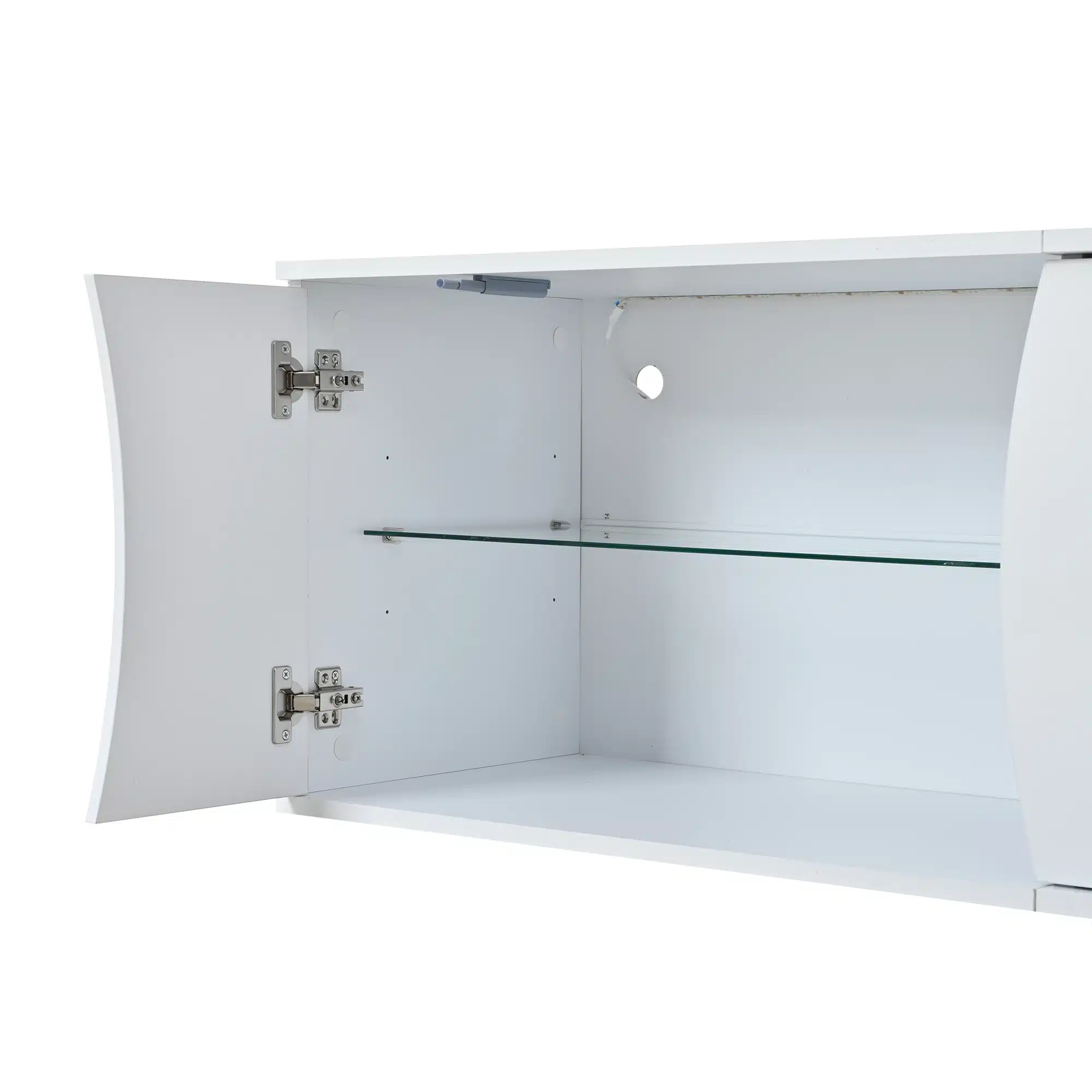 Valge TV-aluse LED-valgustusega sisemus, millel on karastatud klaasriiul ja hõlpsasti ligipääsetavad hinged. Sobib 180 cm laiale telerile ning lisab stiili ja praktilisust iga elutoa interjöörile.