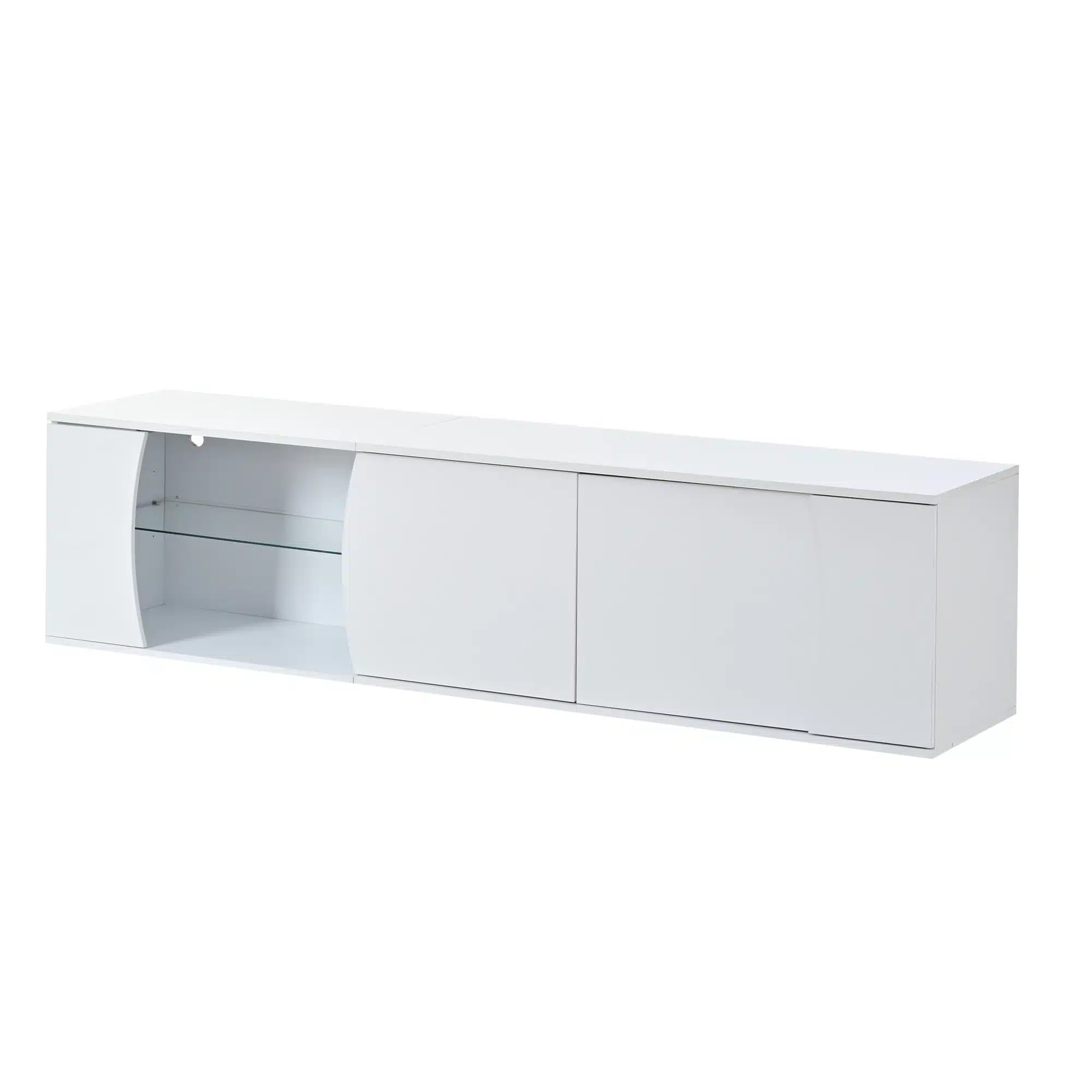 Valge minimalistlik TV-alus, millel on LED-valgustus ja 180 cm pikkune karastatud klaasist pind, sobiv elutoa sisustuseks. Pildil on näha elegantne disain praktiliste lahtiste riiulitega.