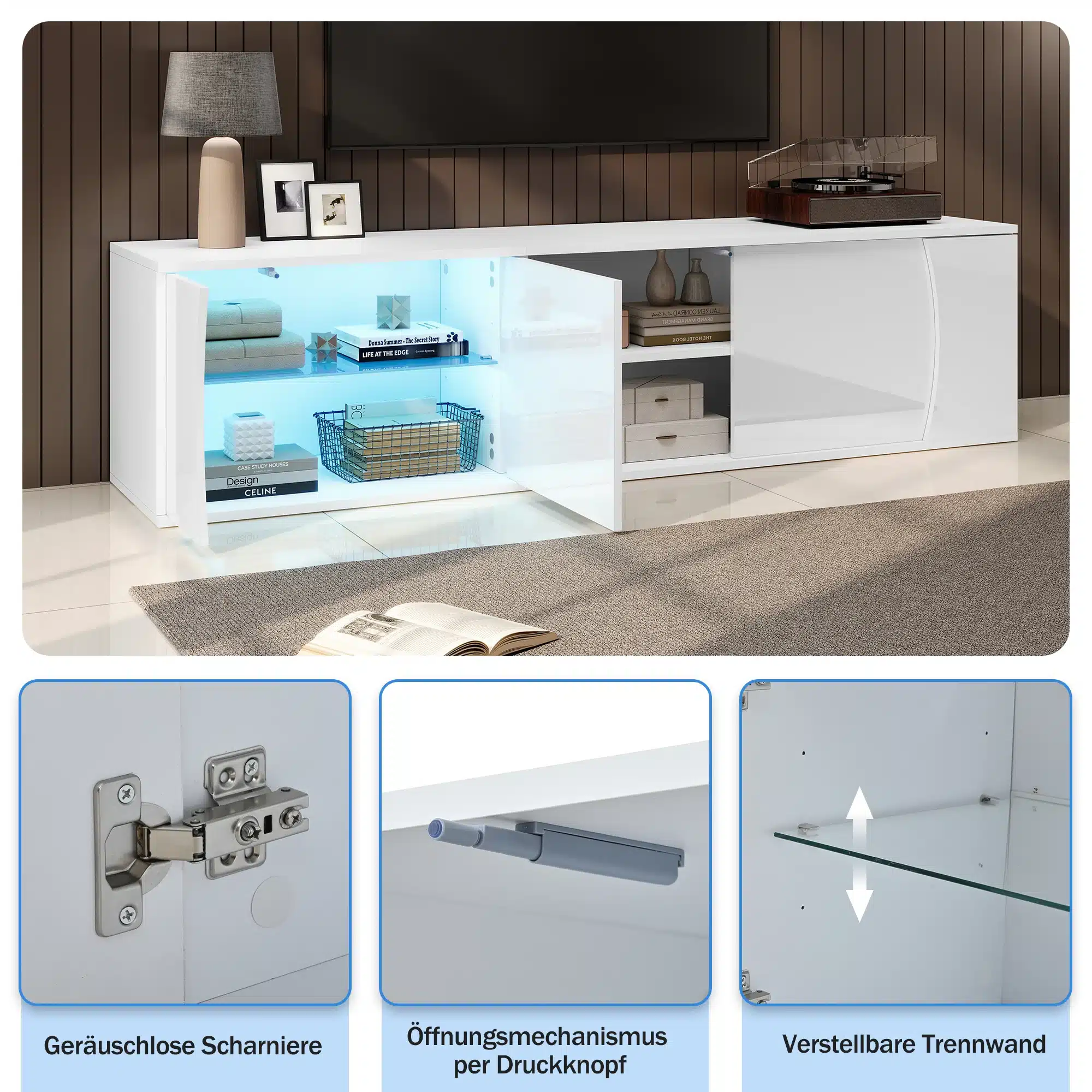 Elegantne TV-alus LED-valgustusega, karastatud klaasist riiul ja reguleeritavad sektsioonid, millel on valged kapid ja kaasaegne disain, elutoa taustal.