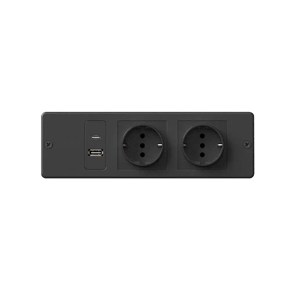 Mustad USB-pesad ja Euroopa standardi pistikupesad Kõrge köögikapi LED valgustusega sektsioonis, mis on integreeritud minimalistlikule taustale.