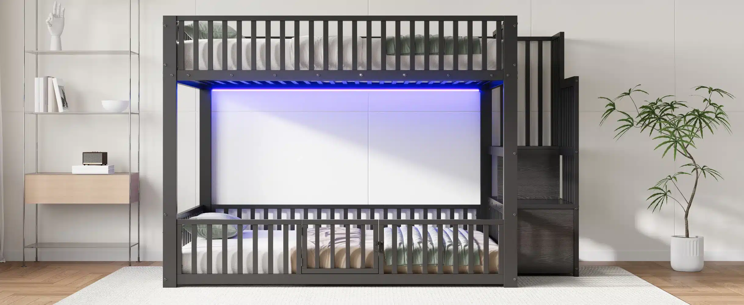Stiilne tumehall narivoodi 140×200 cm panipaigaga ja LED valgustusega, asub modernses toas helepuust põrandal, sahtli ja taime kõrval.