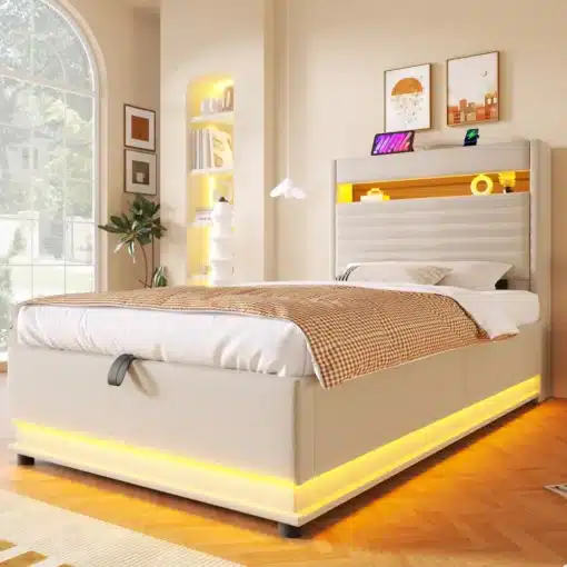 Pesukastiga voodid, USB-C ja LED, 90x200 cm | E-pood Tootemaailm Elegantses magamistoas asuv pesukastiga voodi, millel on integreeritud LED-valgustus ja USB-C laadimisvõimalus. Voodil on pehme voodipeats ja kaasaegne disain, sobitudes ideaalselt helepruuni parkettpõrandaga.