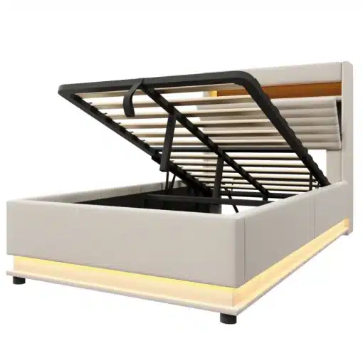 Pesukastiga voodid, USB-C ja LED, 90x200 cm | E-pood Tootemaailm Modern Pesukastiga voodi 90x200 cm koos USB-C ja integreeritud LED-valgustusega, heledast kangast polsterduse ja tõstetava raamistiku abil, mis paljastab ruumika hoiukasti.