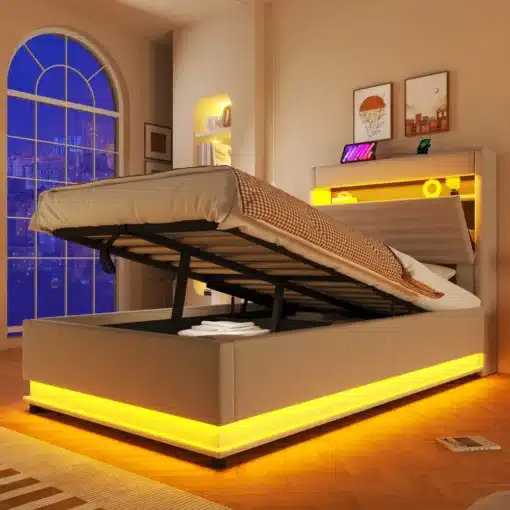 Pesukastiga voodid, USB-C ja LED, 90x200 cm | E-pood Tootemaailm Pesukastiga voodid, USB-C ja LED, 90x200 cm, pehme polsterduse ja tõstetava madratsiga, valgustatud jaluts plaadikujuline voodi magamistoas, öölambid ja raamatud riiulil hallide seinte taustal.