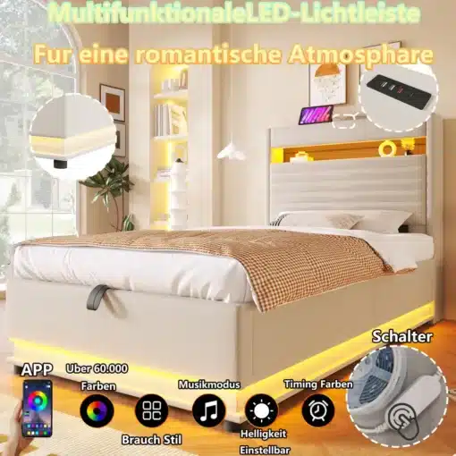 Pesukastiga voodid, USB-C ja LED, 90x200 cm | E-pood Tootemaailm Ruumikas pesukastiga voodi LED-valgustuse ja USB-C pesaga, stiilse helebeeži raamiga, millel on polsterdatud peats. Voodi asub valgusküllases magamistoas, millel on puitpõrand ja kaunistused seintel.