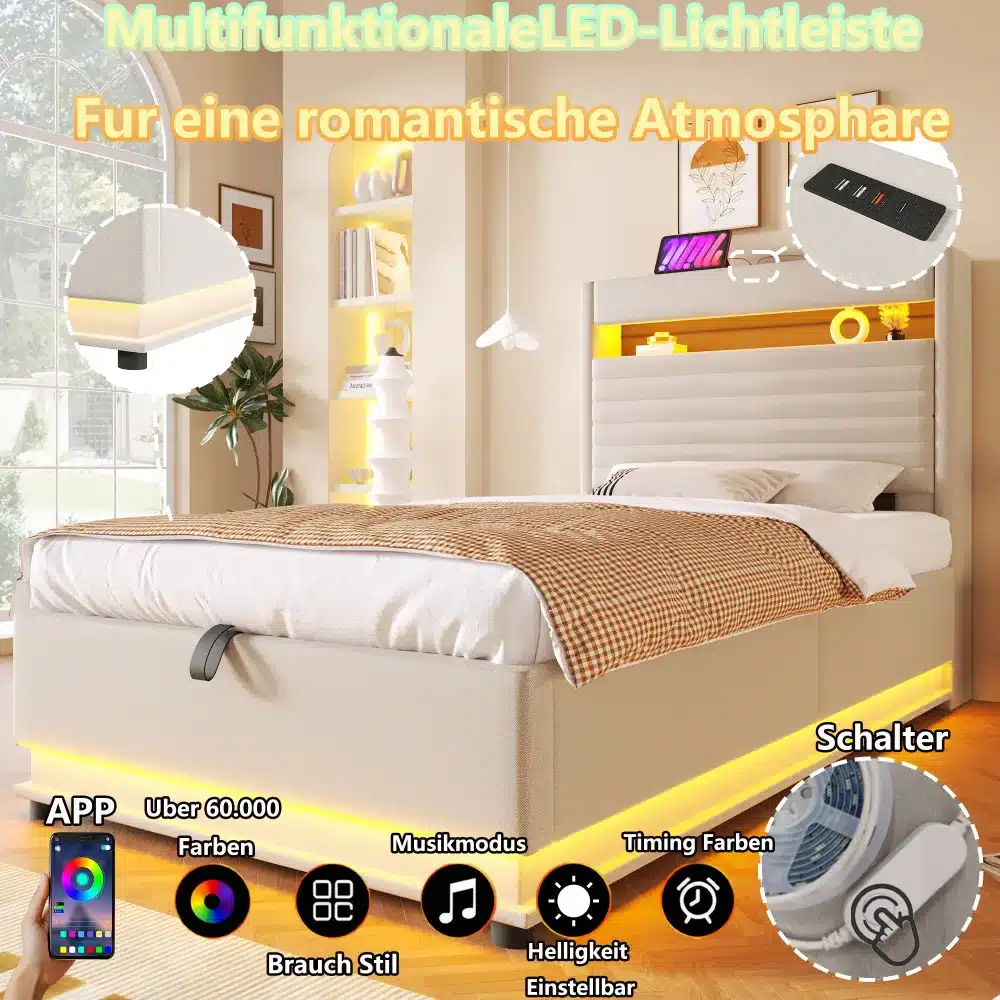 Pesukastiga voodi, USB-C ja LED, 90x200 cm, heleda polstriga ja LED-valgustusega raam, asetatud mugavalt sisustatud magamistoas. Loodusliku valgusega toas, millel on kaunistused ja rohelised taimed taustal.
