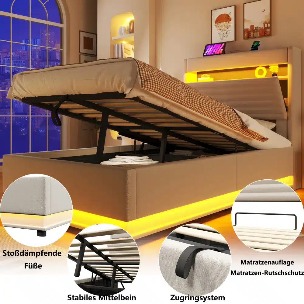 Pesukastiga voodi USB-C ja LED, 90x200 cm, avatud kogumisfunktsiooniga, ümbritsetud soojade LED-tuledega, mugavas magamistoas.