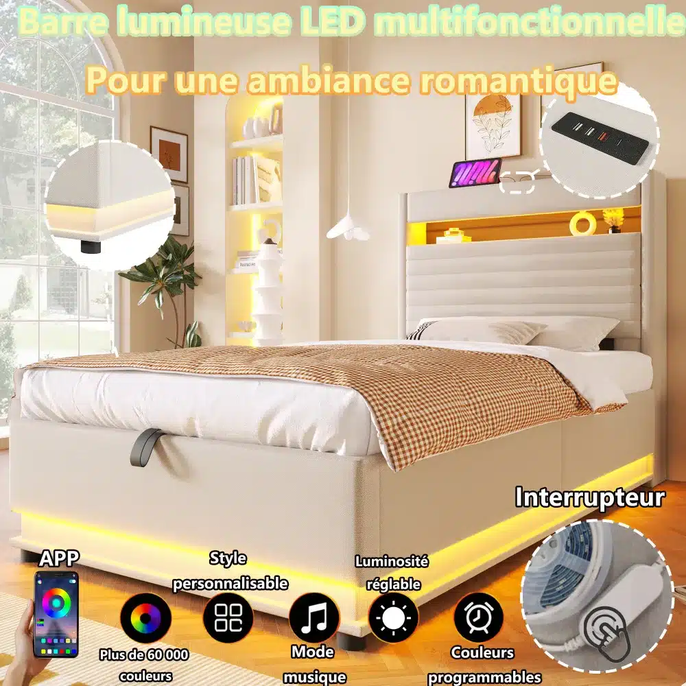 Pesukastiga voodi 90x200 cm, modernse disainiga, millel on peatsil integreeritud LED tuled ja USB-C pistik. Valge voodi koos hubase voodipesuga asetseb valgusküllases toas, taustaks stiilne riiul.