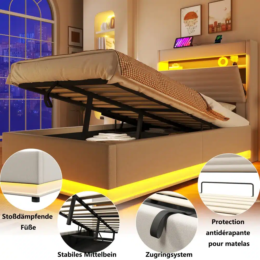 Modernne pesukastiga voodi koos USB-C ja LED-valgusega, suuruses 90x200 cm, näidatud avatud pesukastiga. Elegantne ja mugav magamistoamööbel, sooja LED-valgusega ja integreeritud USB-C laadimisvõimalusega, avaldab muljet öökapil olevate nutiseadmete jaoks.