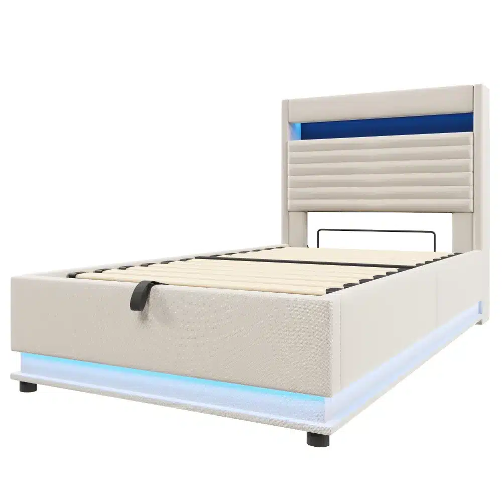 Kaasaegne 90x200 cm pesukastiga voodi, varustatud USB-C laadimise ja LED-valgustitega, hele halli kangaga polsterdusega ning voodi all sinised LED-tuled, sobib elegantselt igasse magamistuppa.