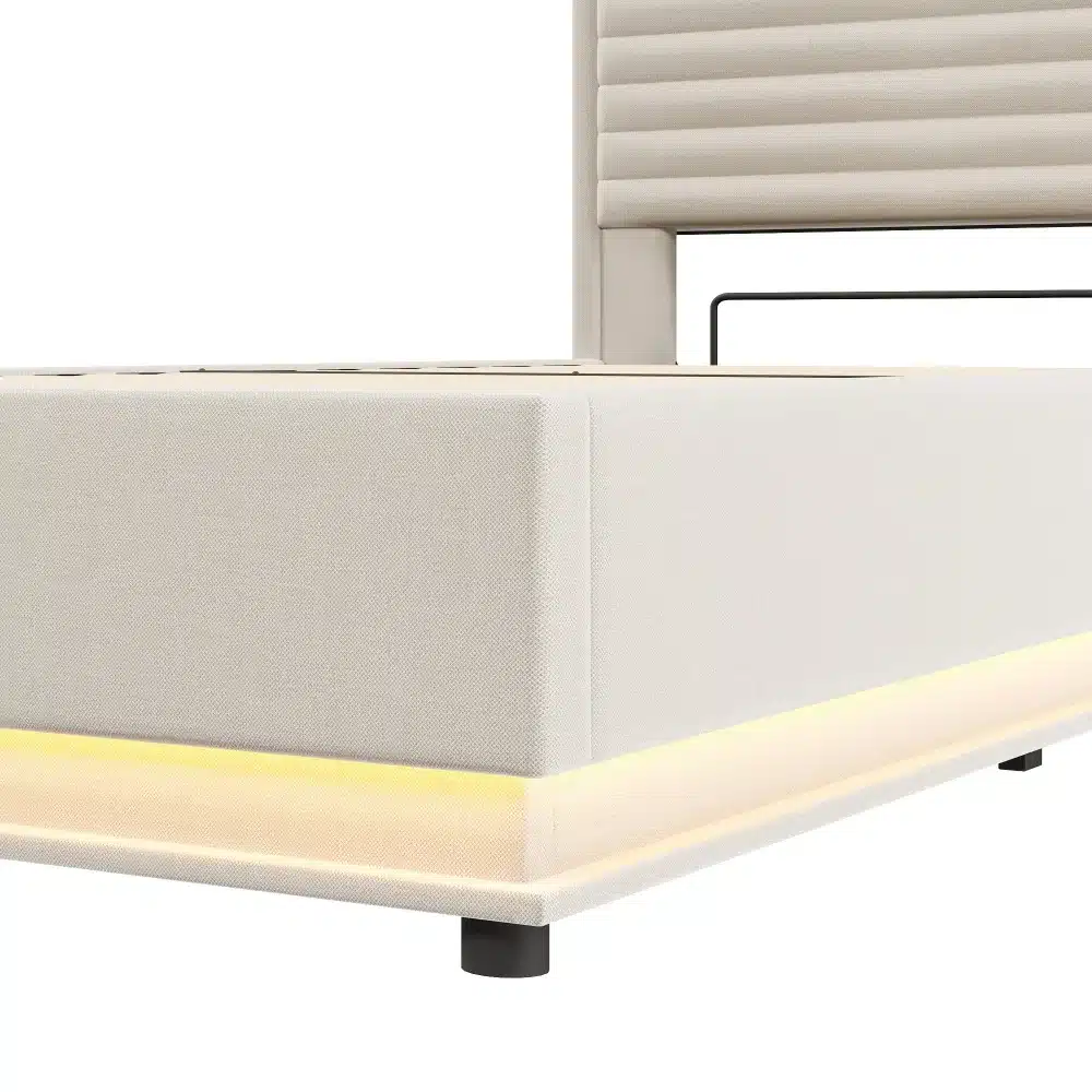Bež värvi pesukastiga voodi, millel on USB-C pistikud ja integreeritud LED-valgustus, mõõtmetega 90x200 cm, asub heledal taustal.