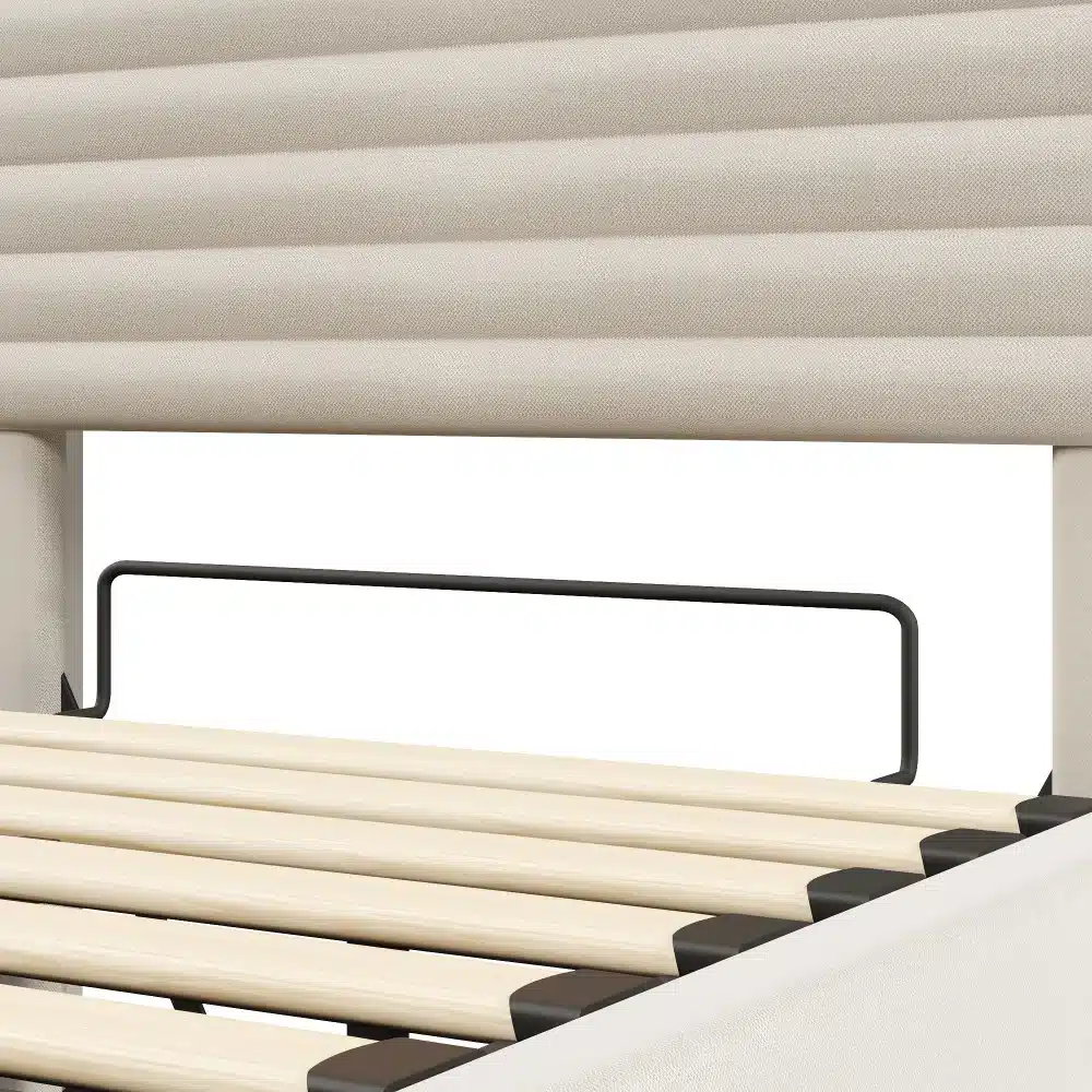 Lähedalt vaade Pesukastiga voodi, USB-C ja LED, 90x200 cm, beige voodipeatsi ja vastupidava puidust raamiga.