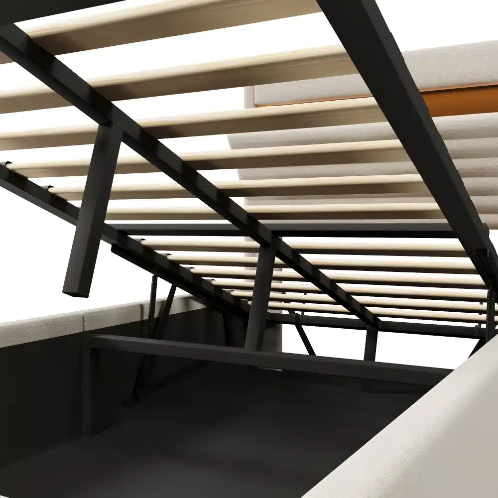 Pesukastiga voodid, USB-C ja LED, 90x200 cm, tõstetud puidust liistudega. Tugev konstruktsioon ja praktiline hoiuruum loob ideaalse lahenduse moodsa magamistoa jaoks.