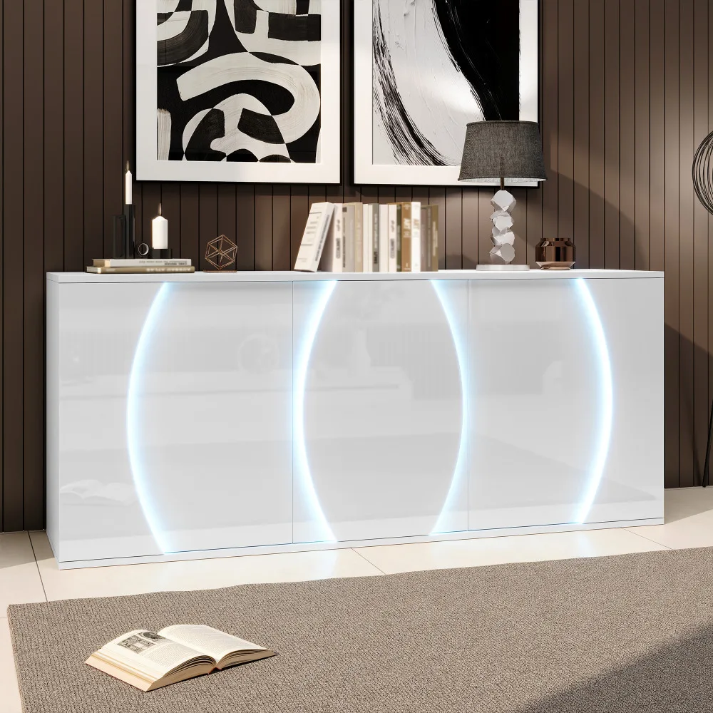 Valge kõrgläikega disainkummut LED-valgustusega, 150 cm laiune, asetatud moodsasse elutuppa, mille taustal on abstraktsed kunstiteosed ja väike laualamp.