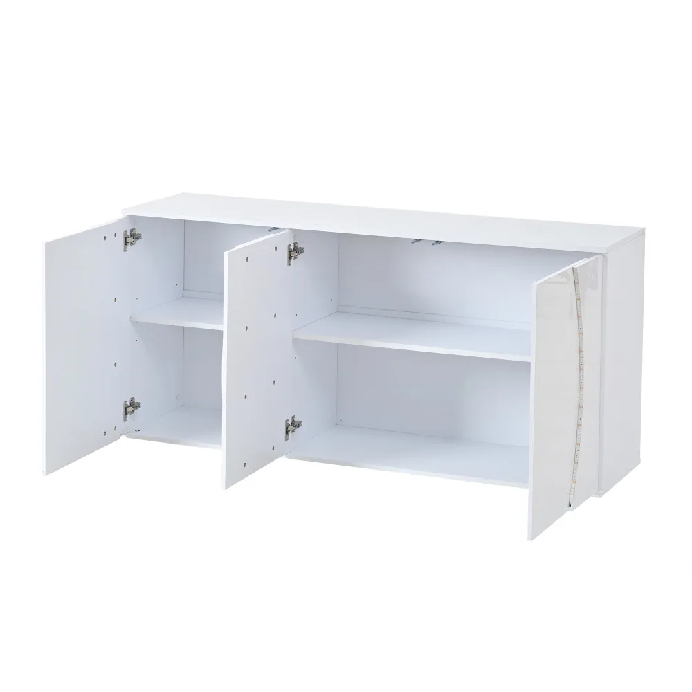 Kõrgläikega disainkummut LED-valgustusega 150 cm, valge värvus, avatud uksed, kaks riiulit, minimalistlik ja kaasaegne stiil.