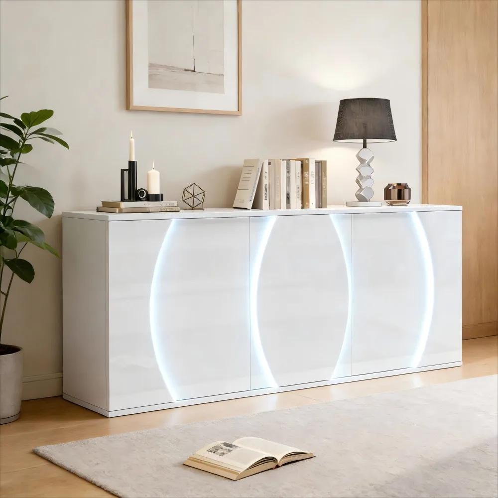 Kõrgläikega disainkummut LED-valgustusega 150 cm, valge läikiv pind ja elegantne LED-valgustus heledas elutoas koos dekoratiivsete elementidega.