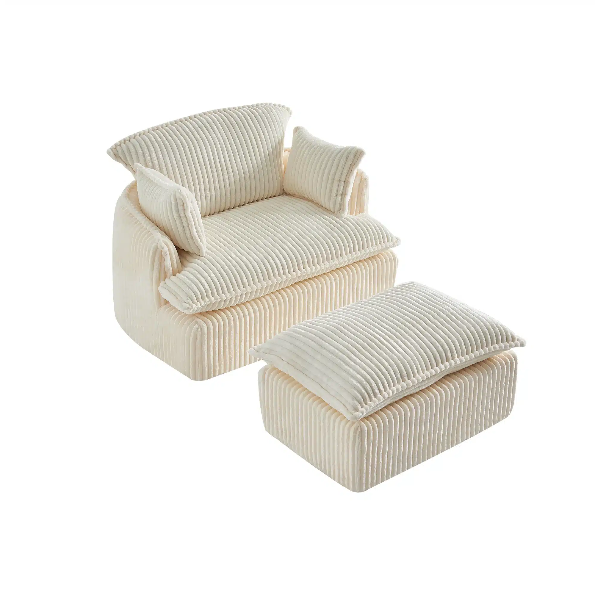 Beež luksuslik tugitool tumba ja pehme veluurkattega, mis on soonikkoelise tekstuuriga, mis lisab elegantset stiili igasse elutuppa, paigutatud neutraalsele taustale.