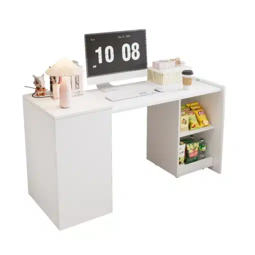 Kokkupandav kirjutuslaud, 2 sahtlit, suur mahutavus | E-pood Tootemaailm Kokkupandav kirjutuslaud kahe sahtliga, valgest materjalist, laual on monitor, klaviatuur, kohvitops ja riiulitel on suupisted. Laua suur mahutavus võimaldab organiseerida tööala efektiivselt.