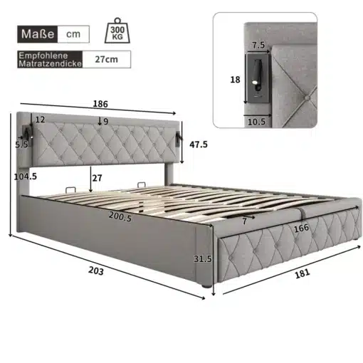 Kaheinimesevoodi panipaigaga, hall linane, USB, 180x200 | E-pood Tootemaailm Kaheinimesevoodi panipaigaga, hall linane, USB, 180x200, lisafunktsioonidega peats ja voodikast, voodi mõõdud näidatud, hall tekstiilkangas, stabiilne puitraam.
