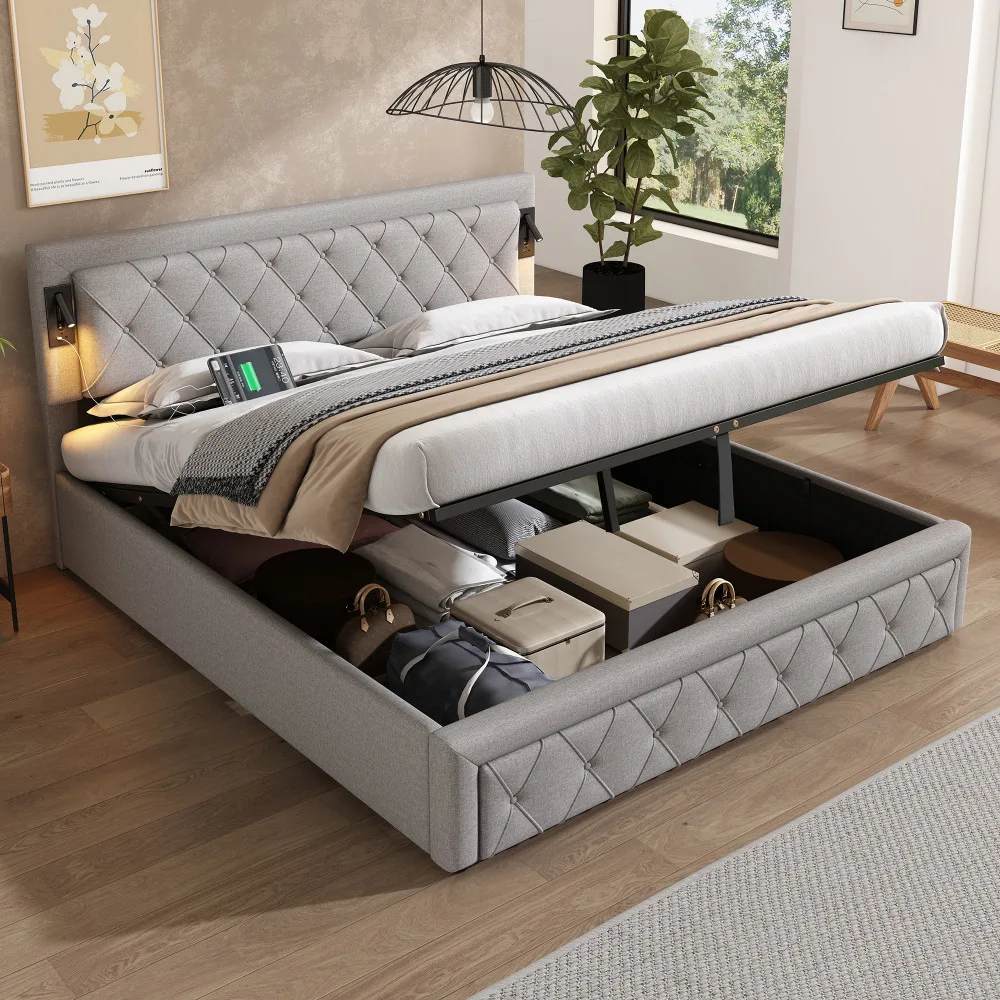 Kaheinimesevoodi panipaigaga, hall linane, USB, 180x200, avatud panipaik näitab voodi all hoitavaid esemeid. Hall linane kate koos moodsa stiiliga sobib ideaalselt kaasaegsesse magamistuppa, koostöös puidust põrandaga.