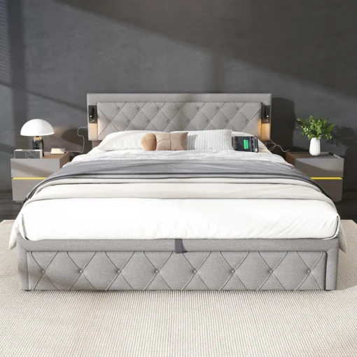 Kaheinimesevoodi panipaigaga, hall linane, USB, 180x200 | E-pood Tootemaailm Kaheinimesevoodi panipaigaga hallist linasest materjalist, mõõtudega 180x200, mille peatsil on USB-pistikud. Voodi asub stiilses magamistoas neutraalsel taustal.