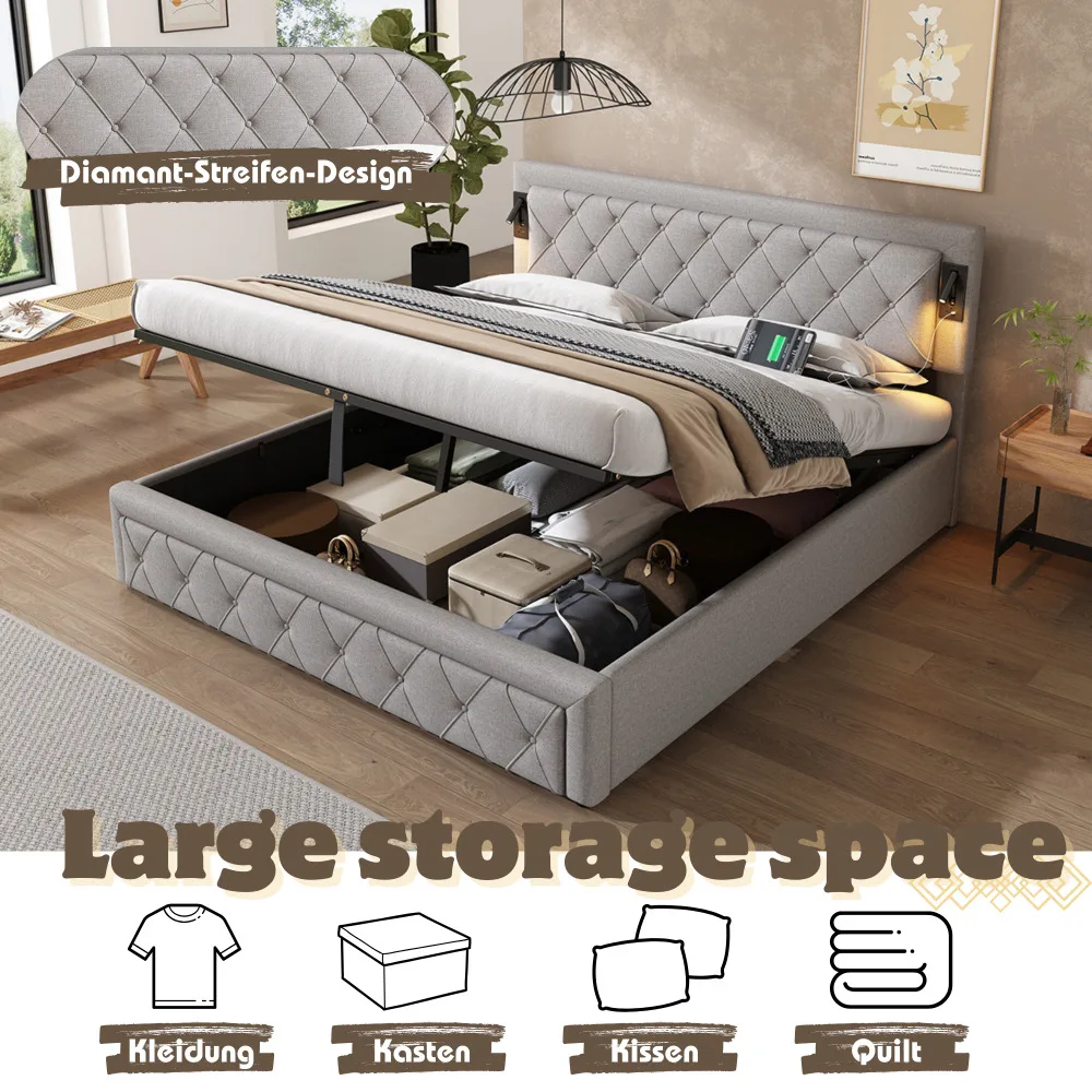 Kaheinimesevoodi halli linase kattega, panipaigaga ja USB-pesadega, mõõtudega 180x200, sisaldab hoiuruumi erinevate esemete jaoks, paiknedes hubases ja kaasaegses magamistoas.