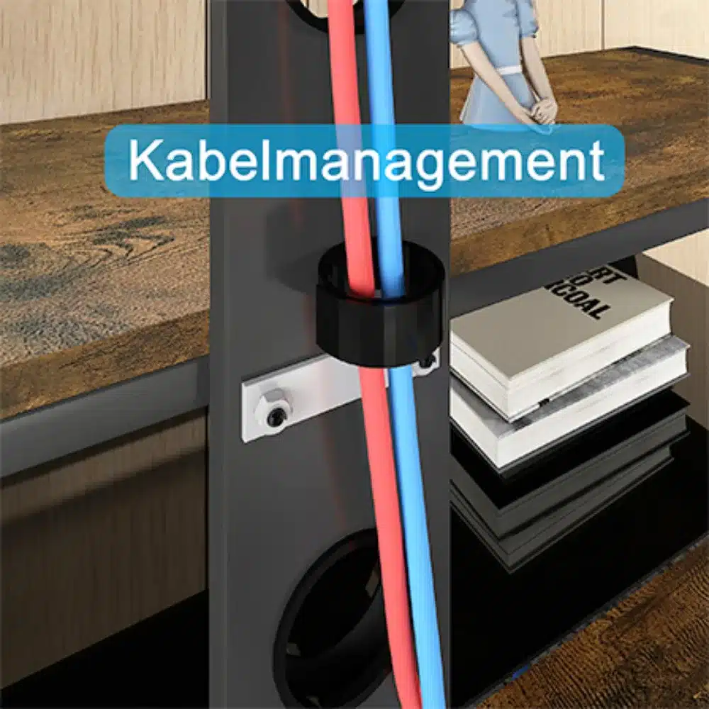 Pildil on telerialus puidust musta klaasiga, millel on kaabelhaldus. Kaablid on organiseeritult paigutatud, pakkudes puhast ja korrastatud välimust.