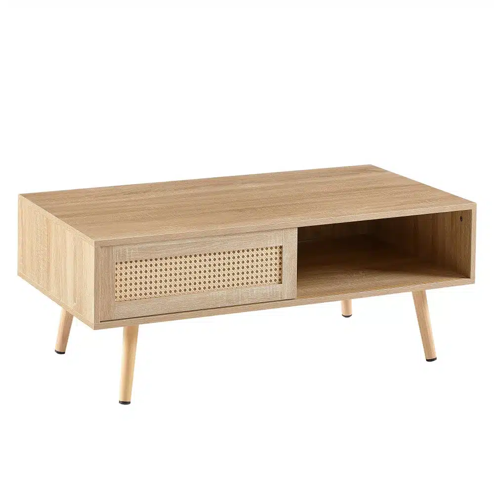 Diivanilaud liugustega, punutud disain ja täispuidust jalad 105cm, hele puit toon, minimalistlik elutoa mööbel.