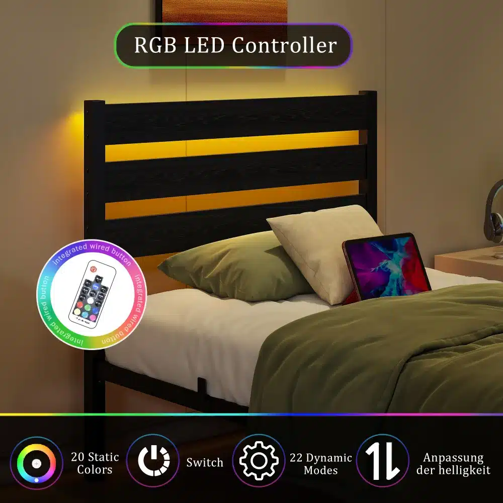 Metallist voodiraam LED valgustuse ja USB laadijaga 90x200, kus on näha tumedast metallist raam koos integreeritud RGB LED valguste ja rohelistes toonides voodipesu.