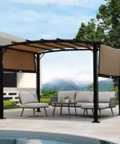 Elegantne Pergola päikesevarir 12x9, veekindel ja UV-kaitsega, pakub stiilset varju õues kaasaegses aias, päikselisel taustal.